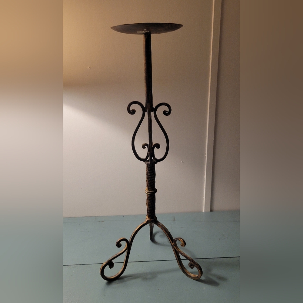 Elegant Tall Golden Yellow/Brown Rustic Scroll Metal Candle Holder
